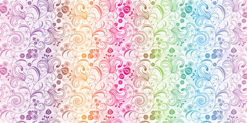 Vector seamless spring rainbow gradient floral pattern with flowers on white background