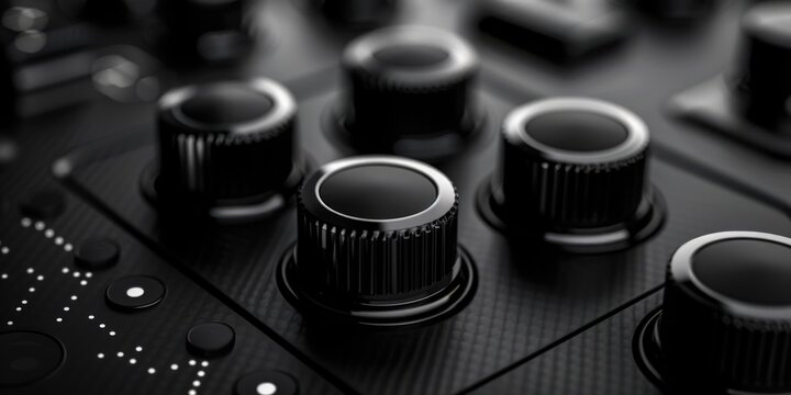 Detailed close up of knobs on a mixer. Ideal for music production or audio engineering projects