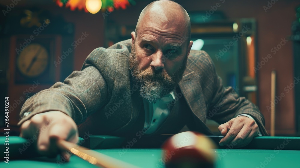 Poster A man with a beard leaning over a pool table. Suitable for sports and leisure concepts