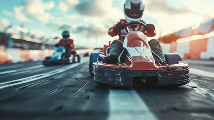 A dynamic image of two go-karting racers in action. Ideal for sports and competition concepts - obrazy, fototapety, plakaty