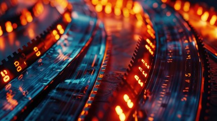 A close up of a train track at night. Suitable for transportation or travel themes