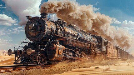 Fototapeta premium A steam engine train traveling through the desert. Suitable for transportation or travel concepts