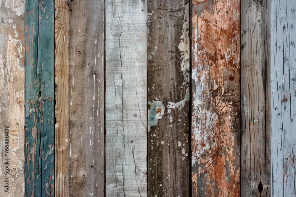 Poster close up of weathered wooden wall with peeling paint. suitable for background or texture use
