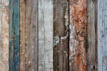 Close up of weathered wooden wall with peeling paint. Suitable for background or texture use