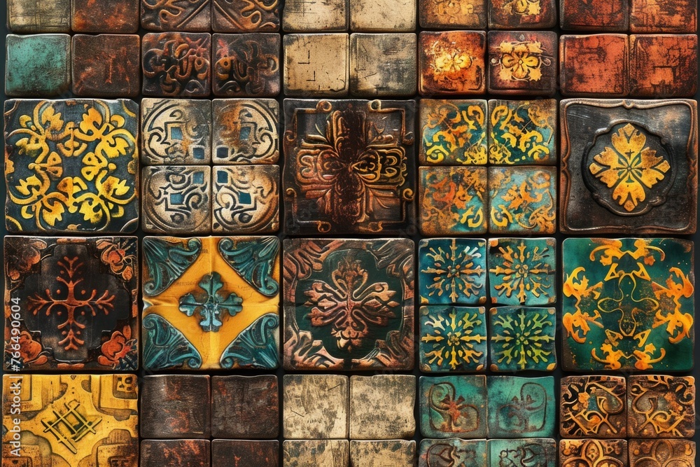 Poster a detailed close up of a bunch of tiles. ideal for architectural and interior design projects