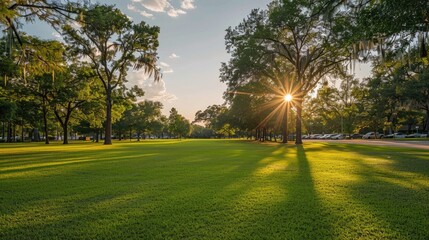 Obraz premium Sunlight filtering through tree branches in a peaceful park setting. Perfect for nature and outdoor themed designs