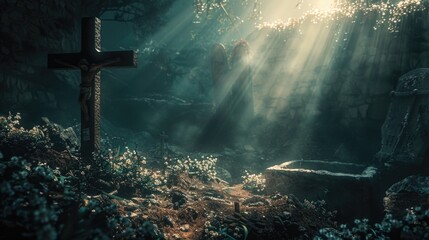 A cross standing in the middle of a forest. Suitable for religious and spiritual themes - obrazy, fototapety, plakaty