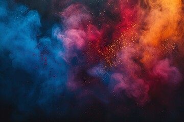 A cloud of cosmic dust particles suspended in space, in hues of blue, red, and yellow - obrazy, fototapety, plakaty