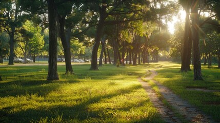 Sunlight filtering through trees in park, ideal for nature concepts