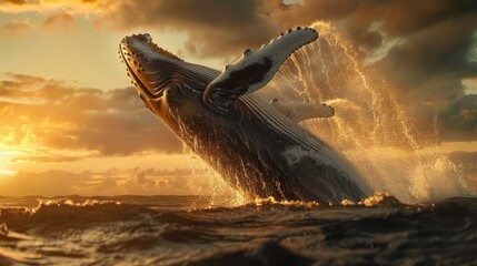 A stunning image of a humpback whale jumping out of the water at sunset. Perfect for nature and wildlife enthusiasts - obrazy, fototapety, plakaty