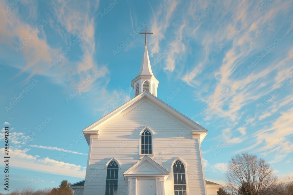 Poster a serene image of a white church with a steeple and a cross on top. perfect for religious or archite