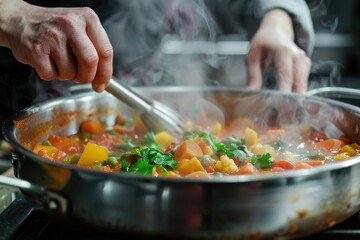 Person stirring food in a pot on a stove. Suitable for cooking or kitchen concepts