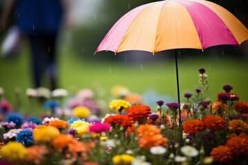 Raindrops falling on colorful flowers with an umbrella - obrazy, fototapety, plakaty