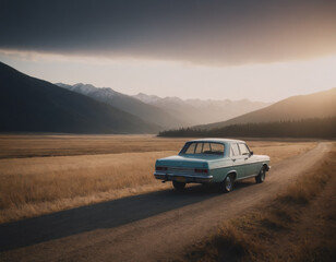 Vintage Car on Rural Road with Mountains at Sunset
