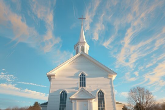A serene image of a white church with a steeple and a cross on top. Perfect for religious or architectural concepts