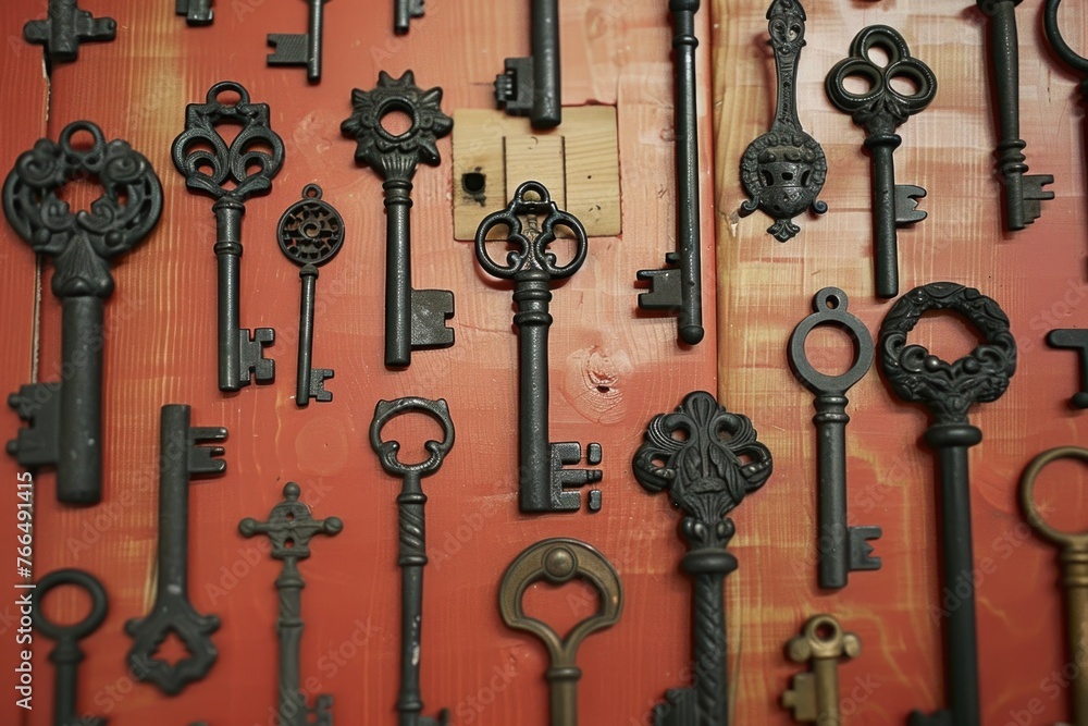 Poster collection of old keys on display, ideal for vintage design projects