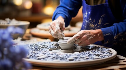 The potter shapes the clay into a bowl