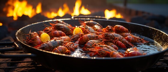 A delicious plate of crayfish is being cooked over a campfire.