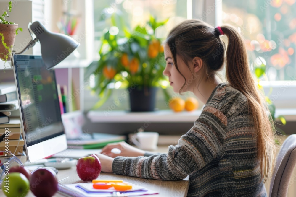 Poster woman sitting at desk using computer, suitable for business concepts