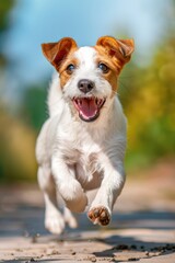 A small white and brown dog running on a sidewalk. Perfect for pet-related designs