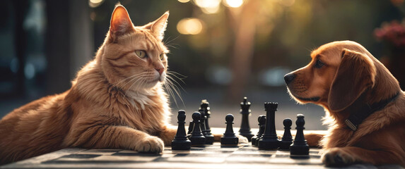 Cat and dog playing chess on the street