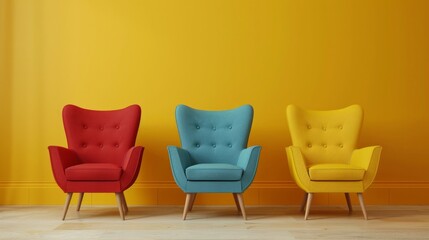 red, blue and yellow comfortable armchairs neatly aligned in a row against a yellow wall