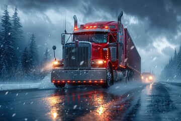 Red Semi Truck Driving Down Snow Covered Road