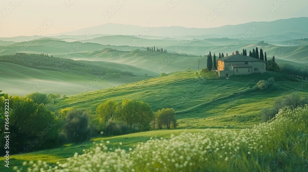 Poster a house situated on a hill in the middle of a field. suitable for real estate or nature concepts