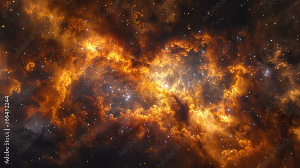 Poster a stunning view of a bright orange nebula with stars in the background. perfect for space-themed pro