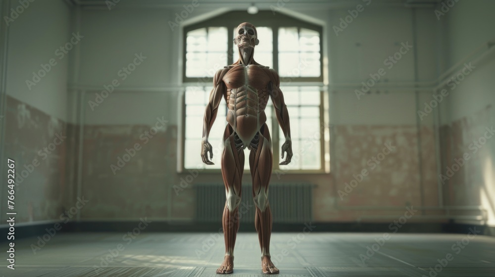 Poster A man standing in a room with a large window. Suitable for various concepts and design projects
