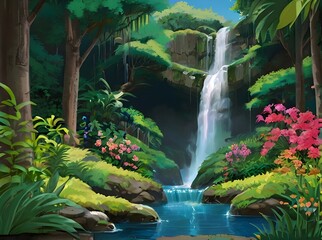 Forest nature waterfall illustration. Generative AI