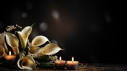 White calla lilies and candles on a dark background