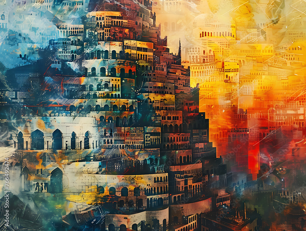 Poster abstract towering structures transmitting digital information in intricate network