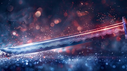 A mesmerizing 3D illustration of a mystical sword, its blade aglow with an enchanting pattern and surrounded by magical sparks and embers. - obrazy, fototapety, plakaty