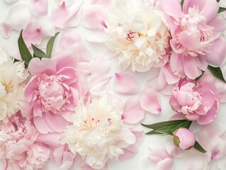 Naklejka na ściany i meble blooming peonies flowers, background with blooming light pink and white peony flowers and petals
