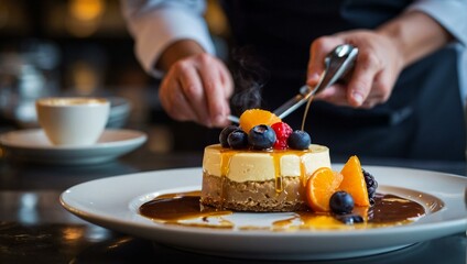 A chef expertly drizzles sauce over an appetizing dessert with assorted fruits on a plate