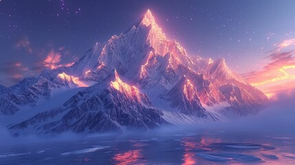 As twilight descends, snowy mountain peaks are set ablaze with a rosy glow, reflecting off serene waters under a star-dotted sky.