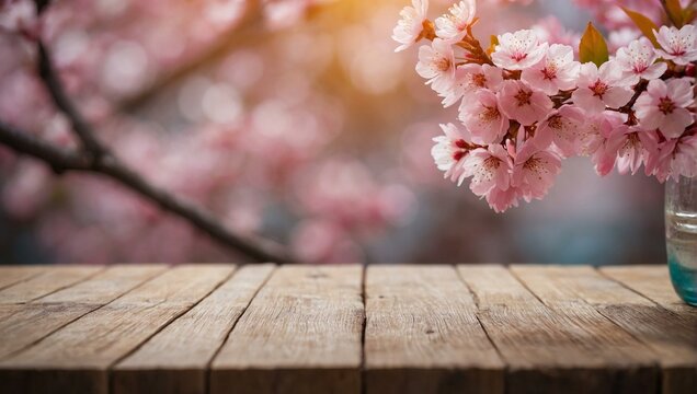 An image featuring a rustic wooden tabletop with a vibrant cherry blossom background, perfect for spring themes