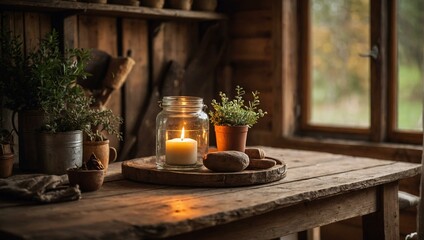 Warm candle light shining on a cozy rustic wooden table with vintage decorative elements and potted plants