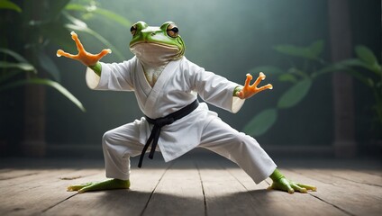 Amusing frog donning a karate outfit, embodying discipline and focus in a martial arts setting