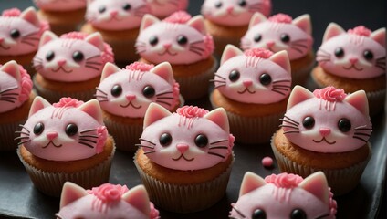 Adorable pink cat face cupcakes arranged neatly on a black tray, ideal for children's parties or cute events