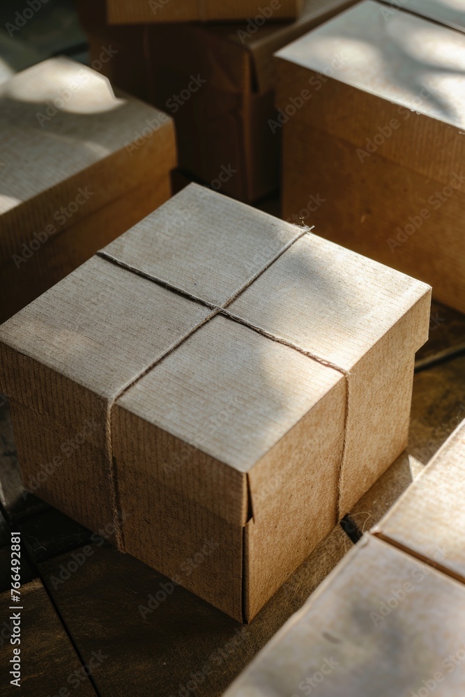 Poster various boxes arranged neatly on a wooden floor. perfect for packaging or storage concepts