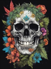 Vivid flowers surrounding a human skull, symbolizing the juxtaposition of life and death through vibrant art