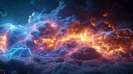 An impressive digital artwork showcasing storm clouds illuminated by a spectacular network of lightning, set against a starry night background. - obrazy, fototapety, plakaty