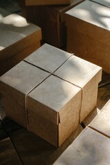 Various boxes arranged neatly on a wooden floor. Perfect for packaging or storage concepts