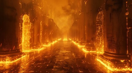 A grand corridor lined with pillars ablaze with fire, leading to a glowing, enigmatic gateway at the end, evoking a sense of mystical adventure.