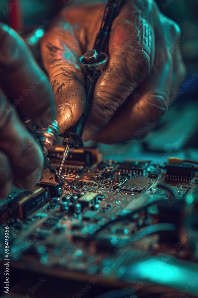 Poster Close up of a person working on a circuit board. Suitable for technology and electronics concepts