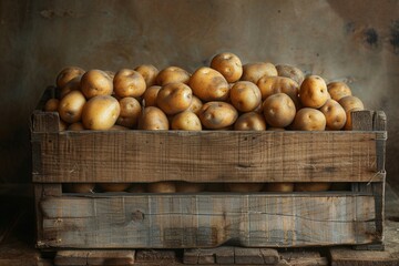 A heap of fresh potatoes in a rustic wooden crate