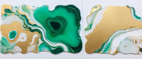 A dynamic mix of green and gold hues with an organic marble-like pattern in this artistic abstract fluid art piece