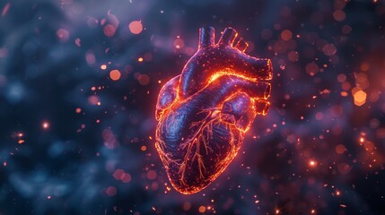An artistic representation of a human heart with a vibrant, fiery outline set against a bokeh background, evoking a sense of life's vitality.